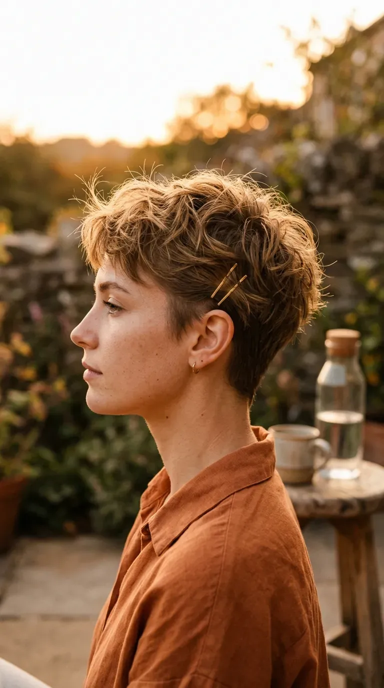 Woman with a short, boyish shaggy pixie featuring cropped sides and textured top