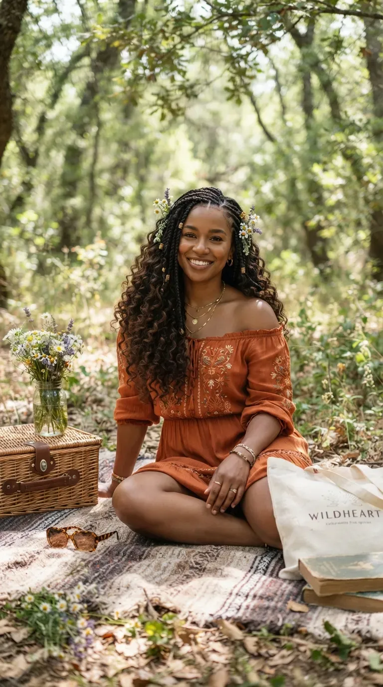 Black woman with boho braids featuring loose curly ends