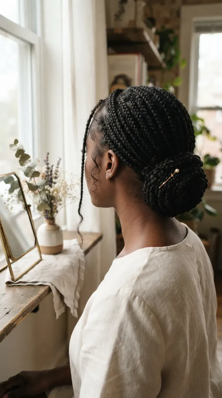 Black woman with braids styled into a neat, gathered bun
