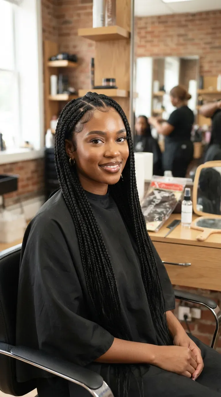 Black woman with classic long box braids in a bright salon setting
