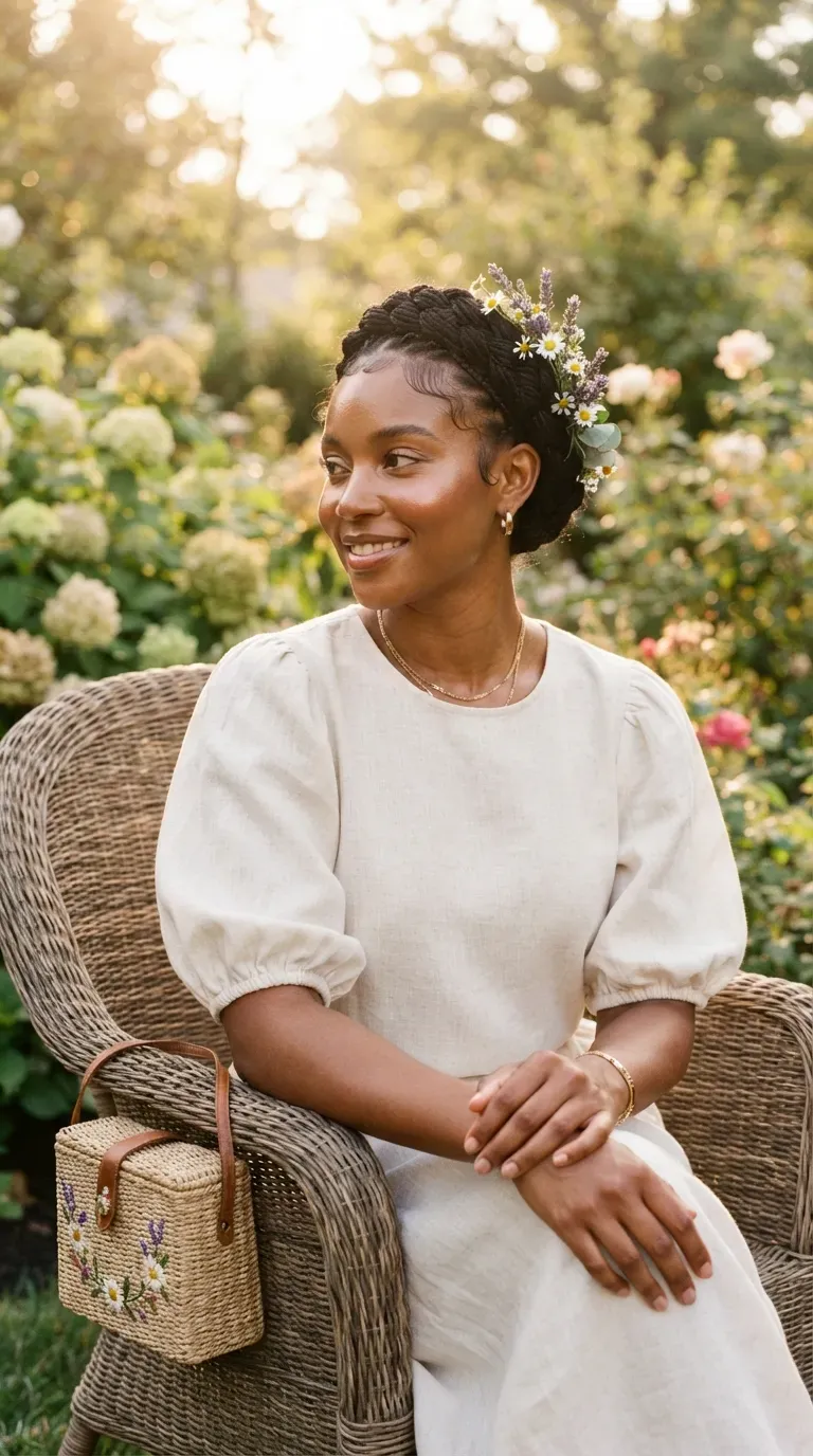 Black woman with a braided crown style wrapped around the head