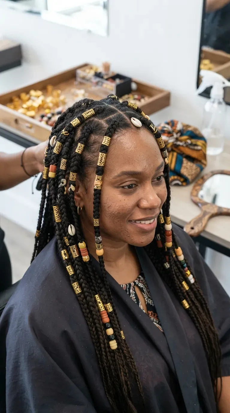 Black woman with braids accessorized with gold cuffs and beads