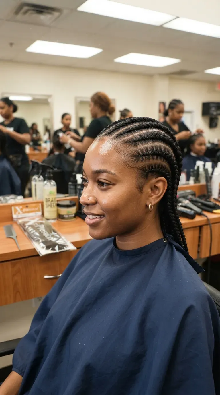 Black woman with feed-in cornrows in a clean, structured pattern