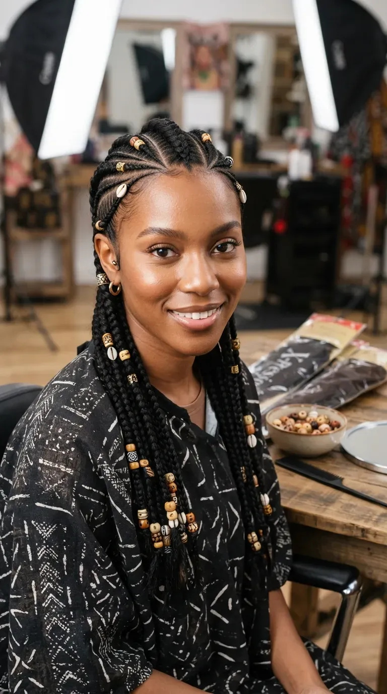 Black woman with Fulani-inspired braids featuring a center braid and beaded accents