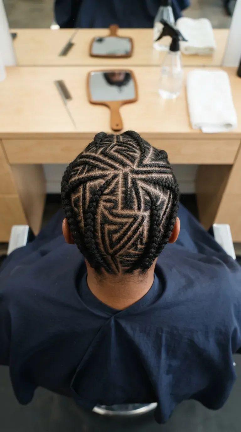 Black woman with a decorative geometric cornrow design