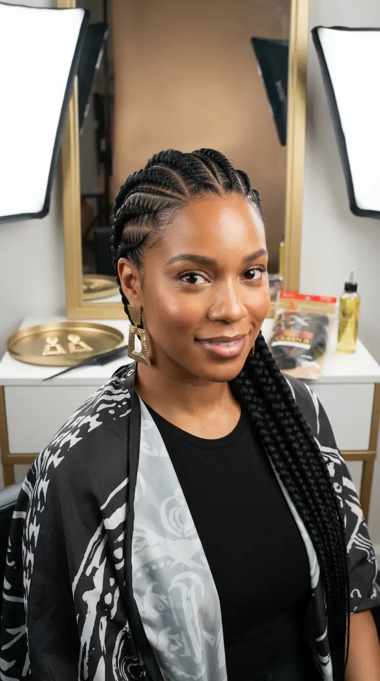 Black woman with Ghana braids featuring a raised, banana-style pattern