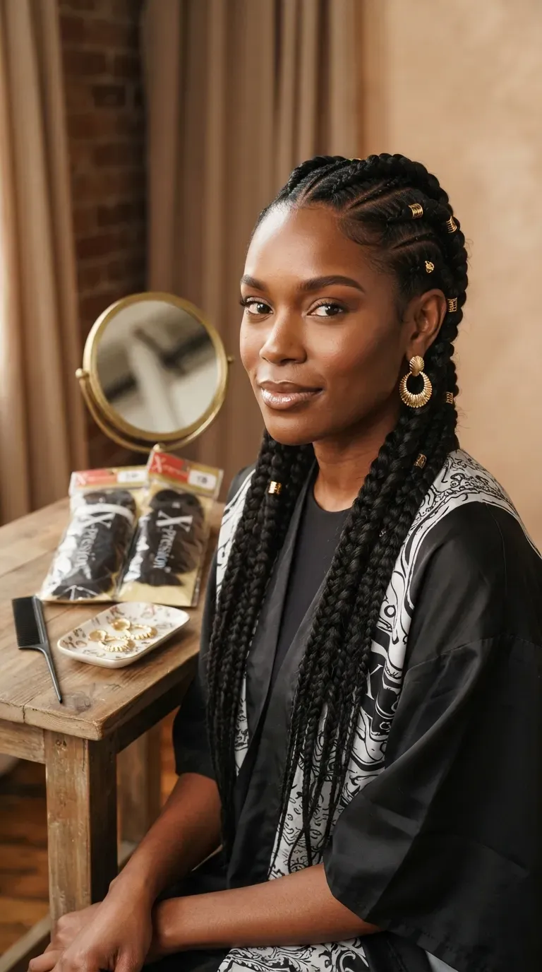 Black woman with thick goddess braids styled close to the scalp