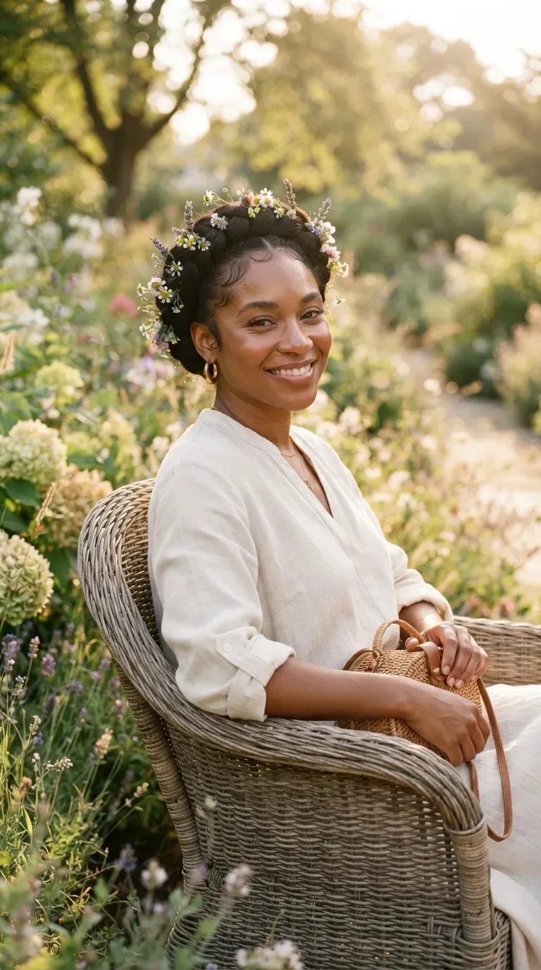 Black woman with a single halo braid wrapped around the head