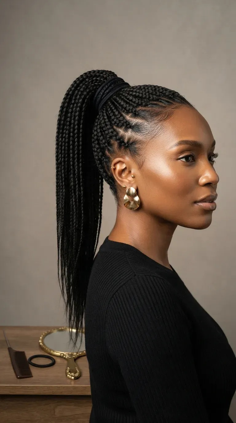 Black woman with braids gathered into a sleek, high ponytail