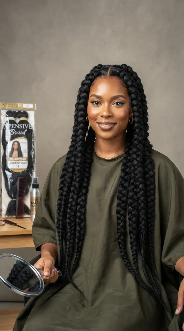 Black woman with jumbo box braids featuring thick, bold sections