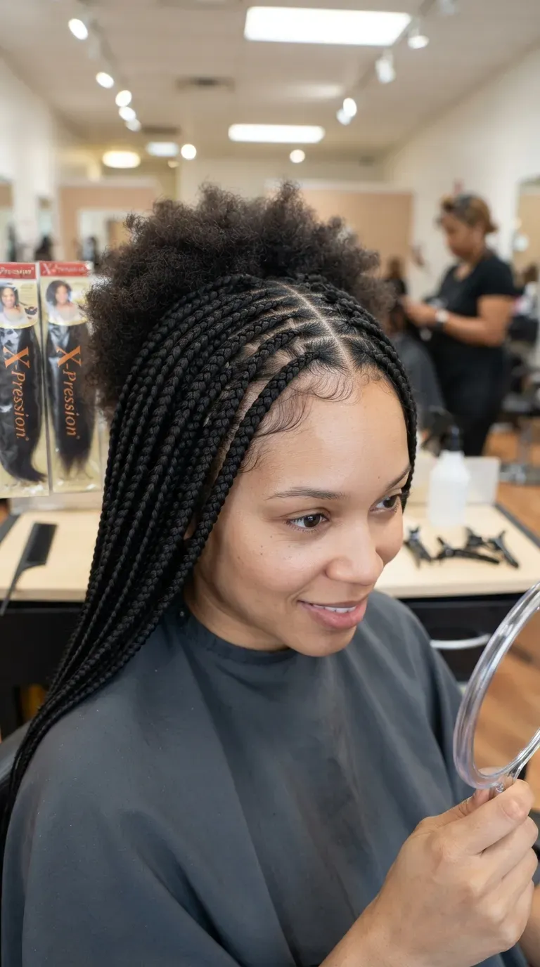 Black woman with knotless braids featuring a natural, lightweight root