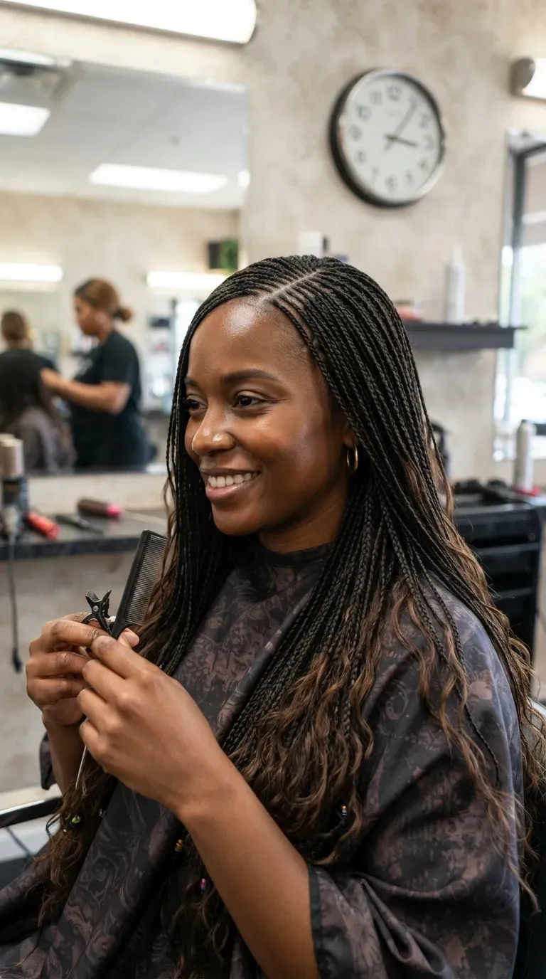 Black woman with dozens of fine micro braids for a soft, flowing style