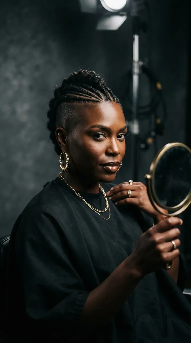 Black woman with a braided mohawk featuring cornrows down the center and loose sides