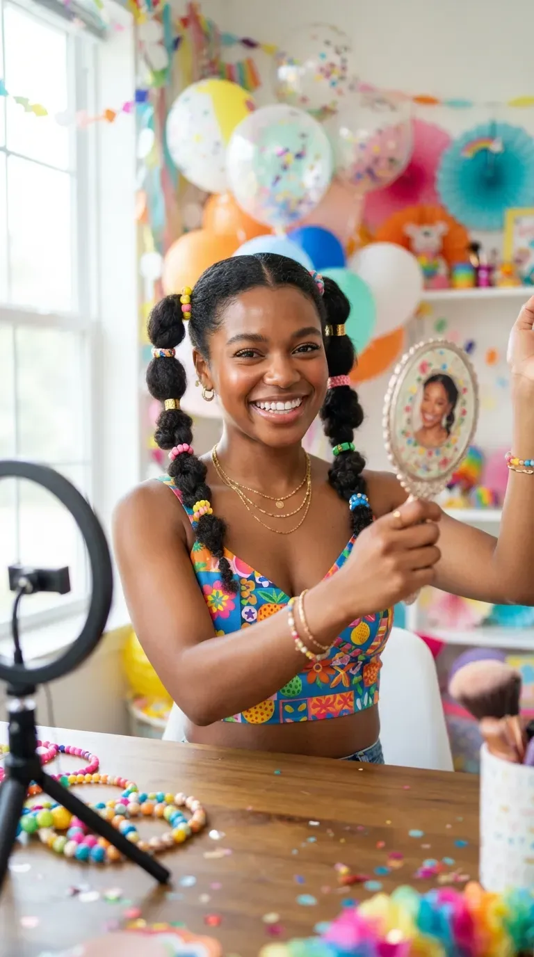 Black woman with two braided pigtails styled playfully