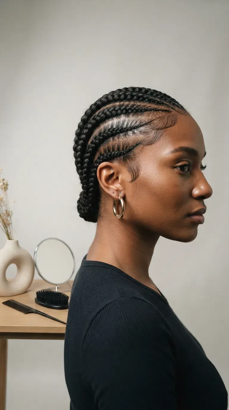 Black woman with side-swept cornrow braids framing one side of the face