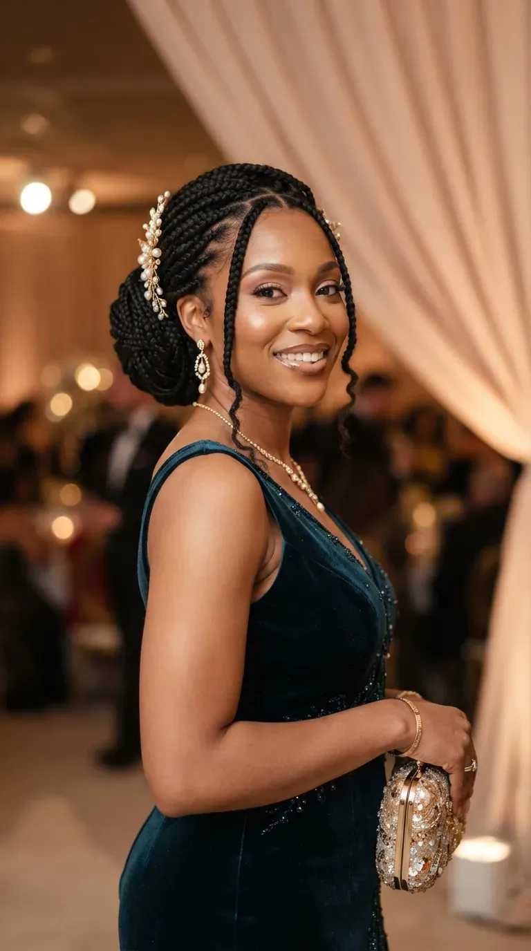 Black woman with braids styled into an elegant formal updo
