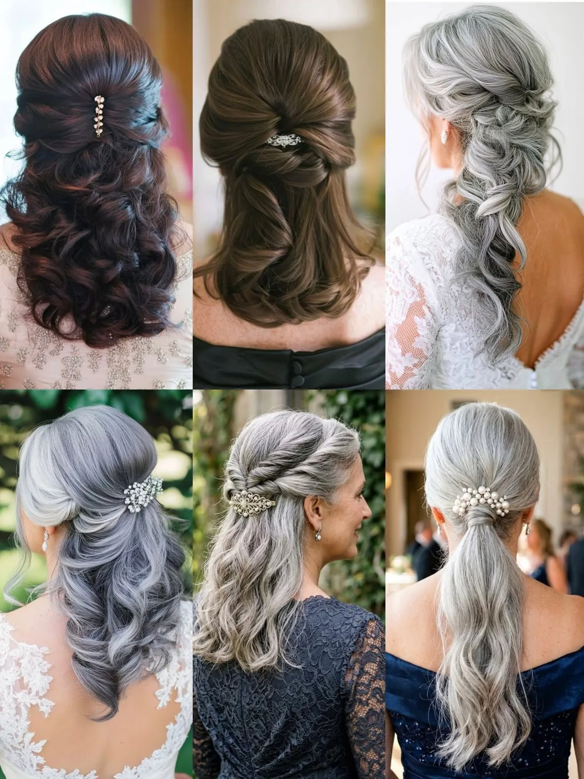 Women over 50 with gray hair wearing braided half-up hairstyles with volume at the crown, shown from the back.