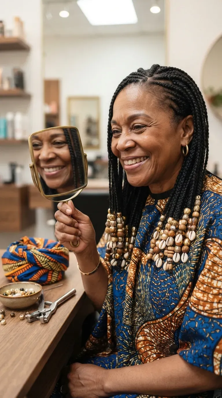Older Black woman with braids decorated with a few elegant beads