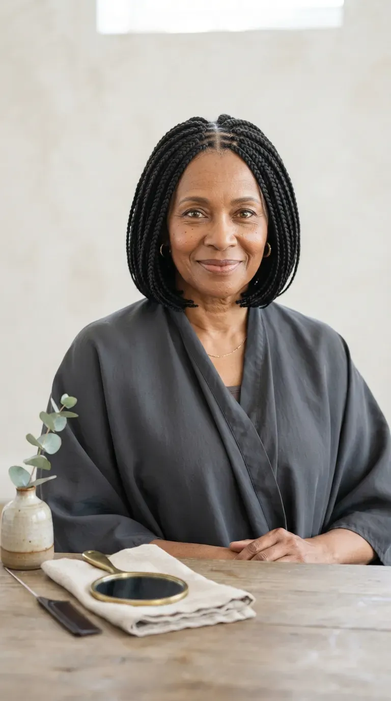 Older Black woman with shoulder-length box braids styled as a bob