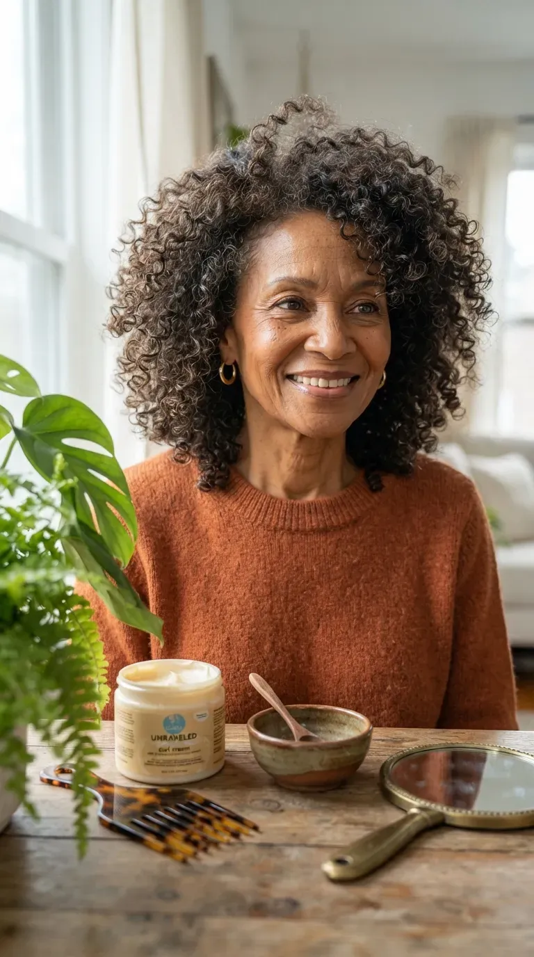 Older Black woman with loose, defined curls from a braid-out style