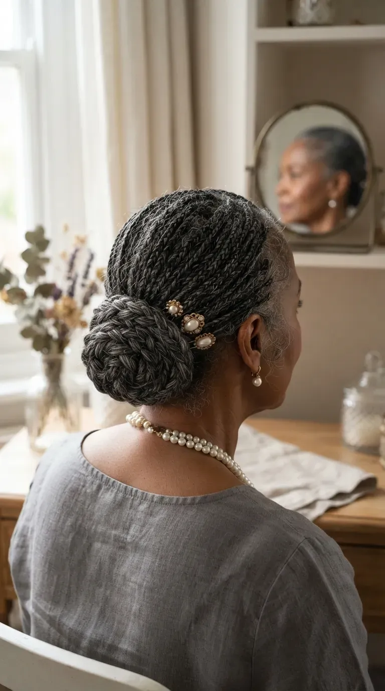 Older Black woman with braids styled into an elegant low bun updo