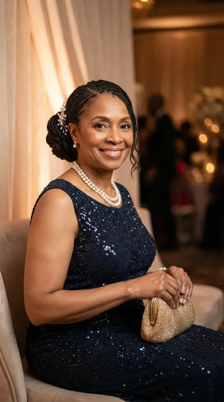 Older Black woman with braids styled into an elegant low chignon