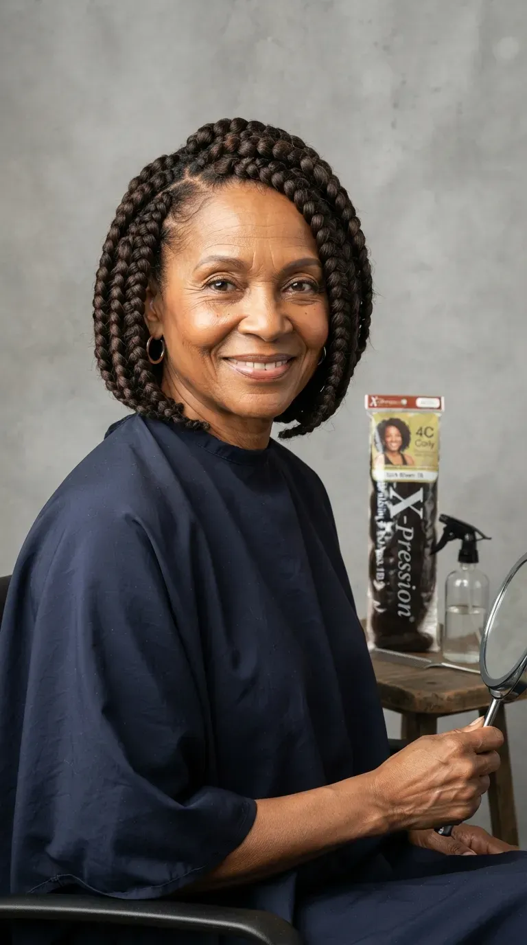 Older Black woman with a chunky braided bob featuring thick braids