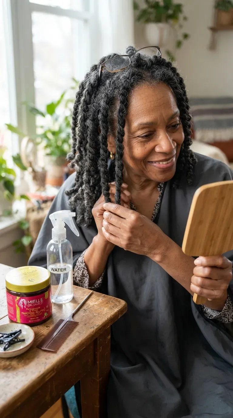 Older Black woman with chunky two-strand twists for a low-tension style