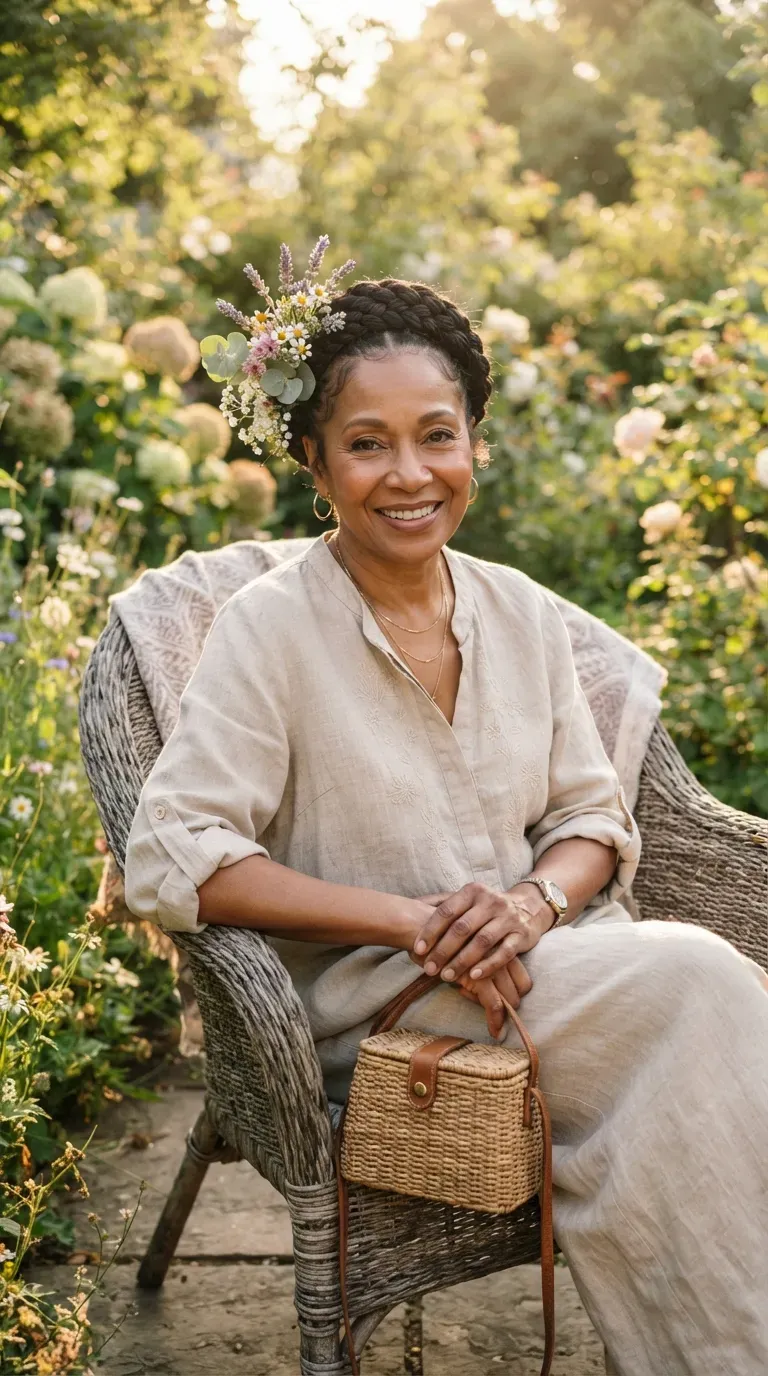 Older Black woman with a braided crown style wrapped around the head