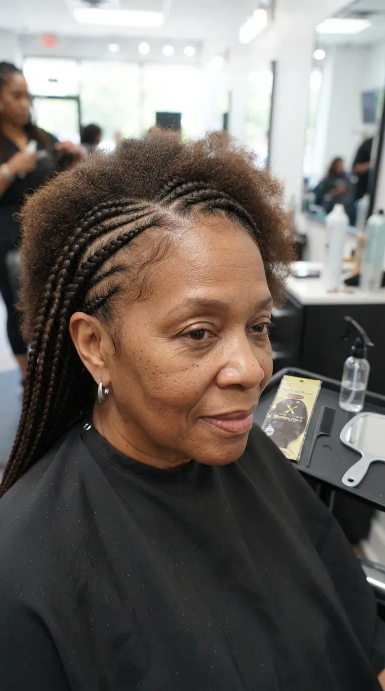 Older Black woman with feed-in braids and a natural-looking root