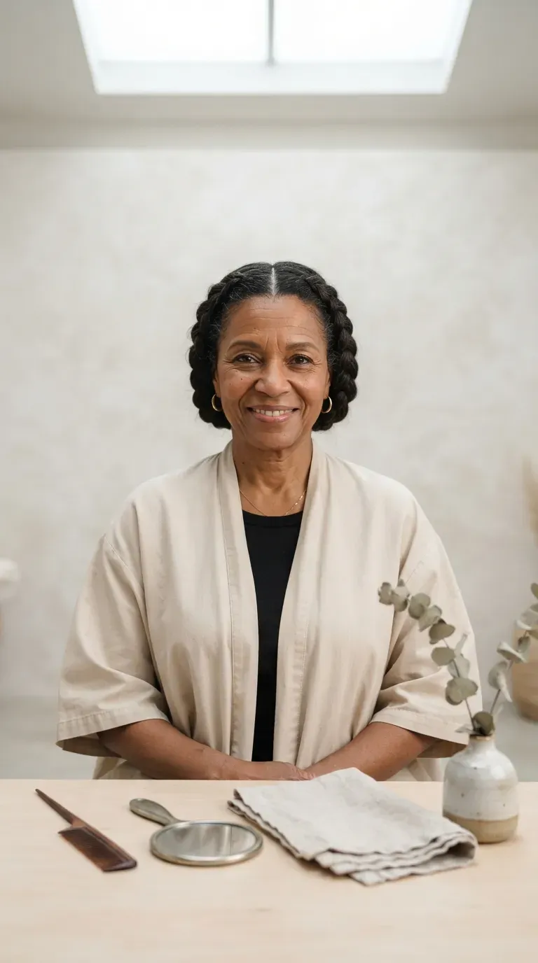 Older Black woman with a French braid styled at bob length