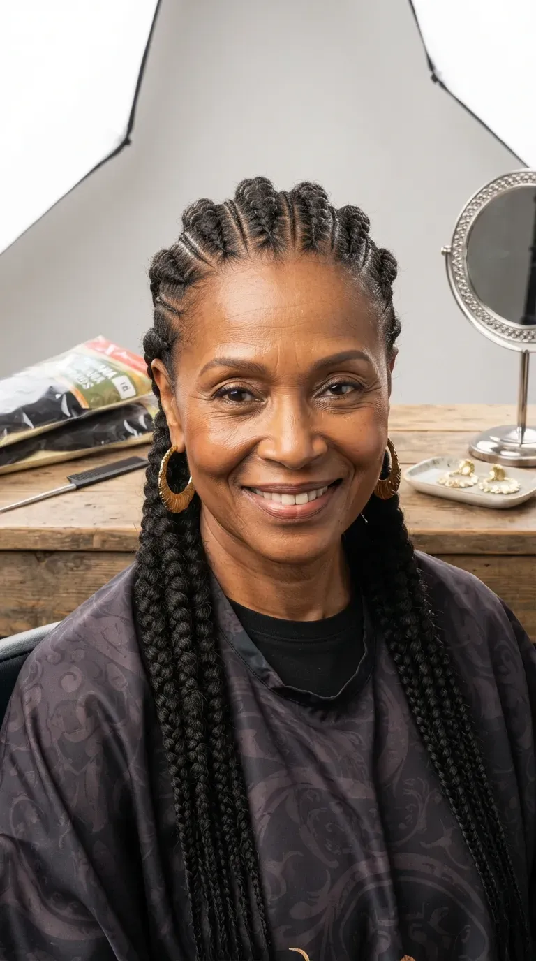 Older Black woman with Ghana braids featuring a raised, banana-style pattern