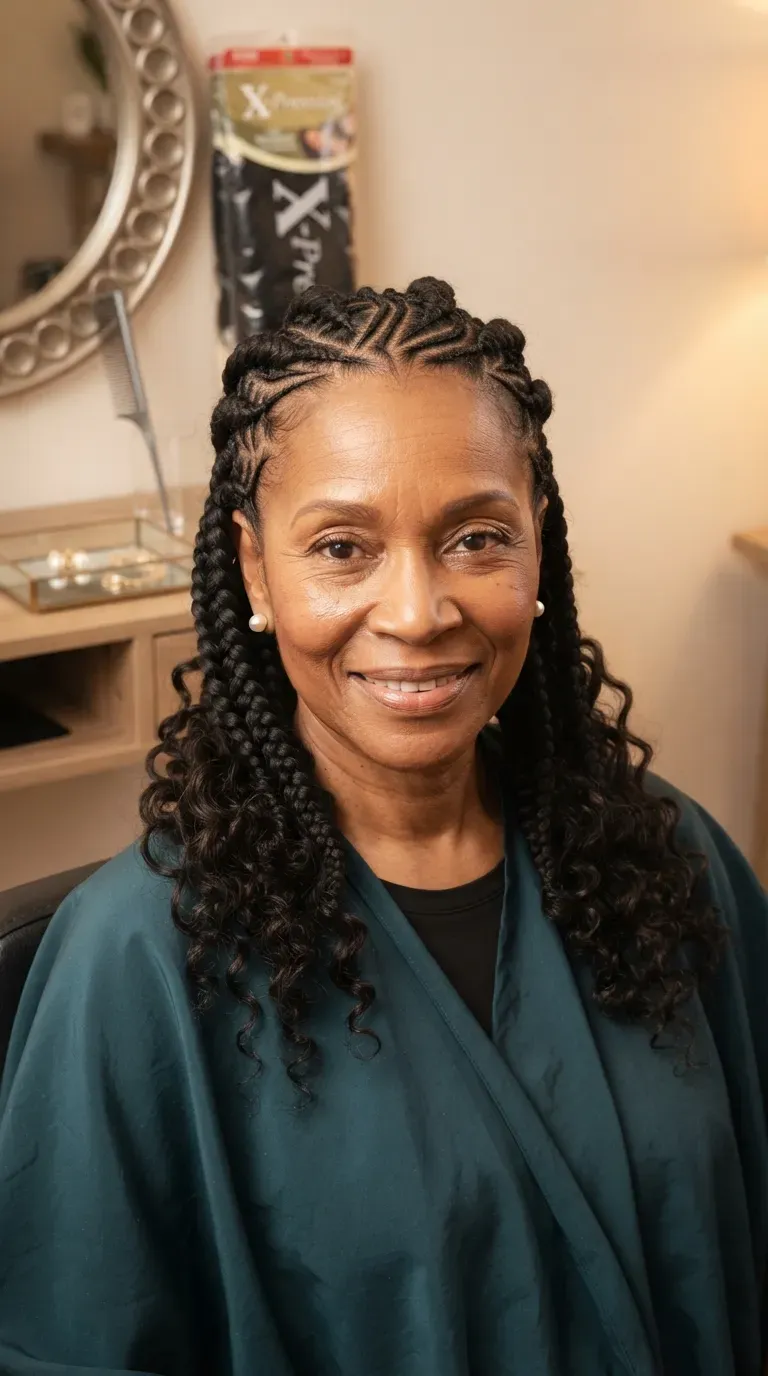 Older Black woman with elegant goddess braids styled close to the scalp
