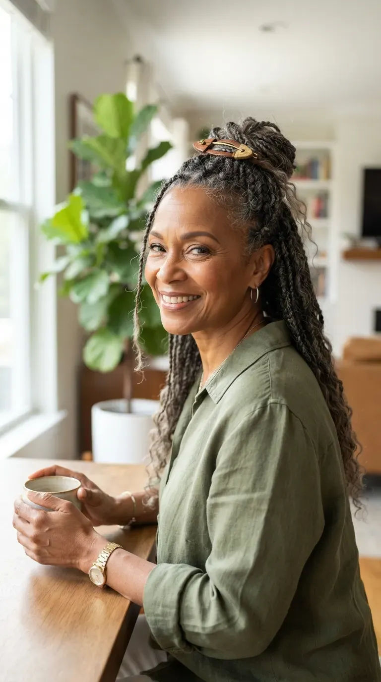 Older Black woman with braids styled half-up, pinned back at the crown