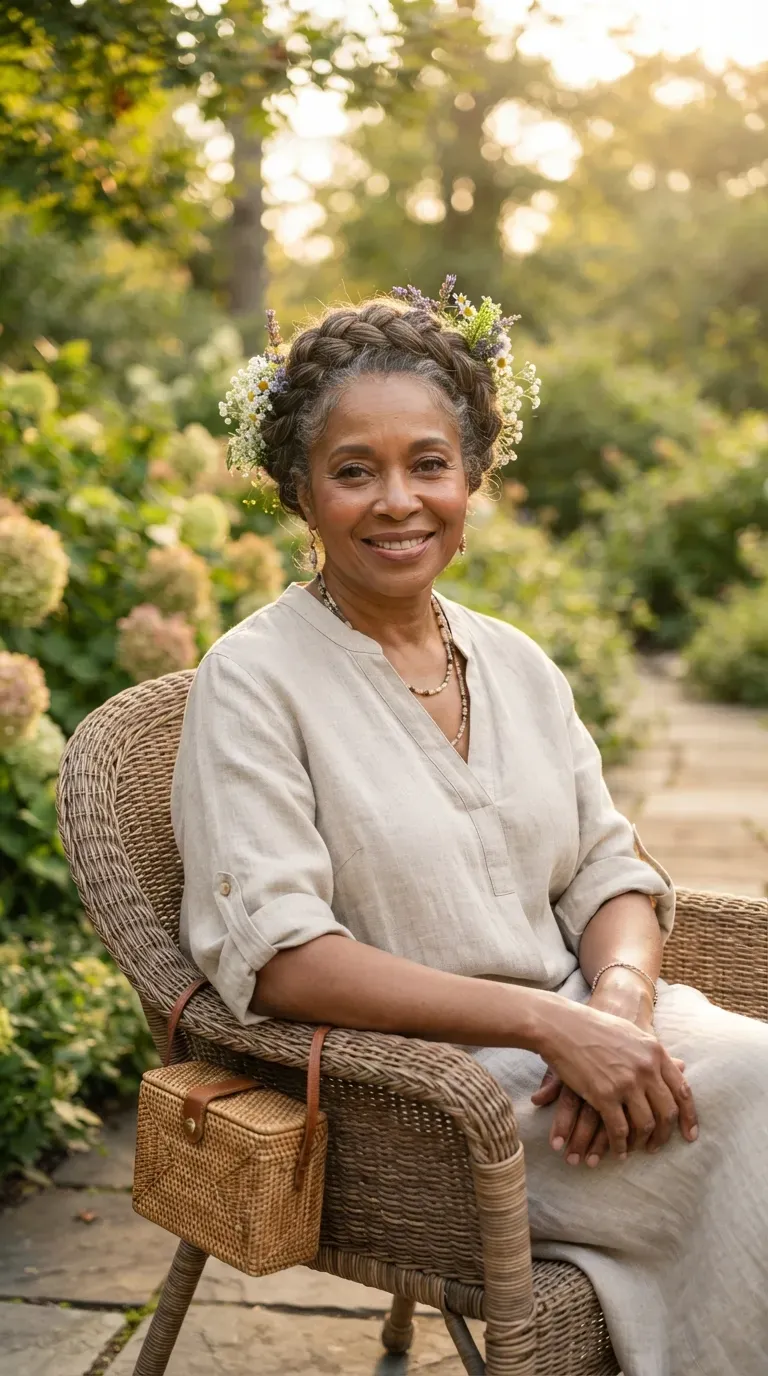 Older Black woman with a single halo braid wrapped around the head