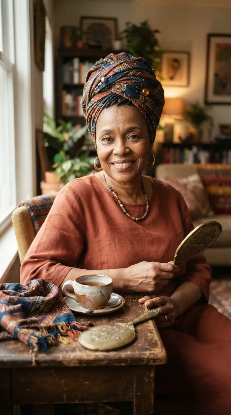 Older Black woman with braids styled with an elegant headwrap