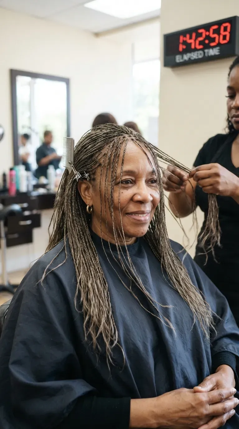 Older Black woman with lightweight micro braids for a soft, natural movement