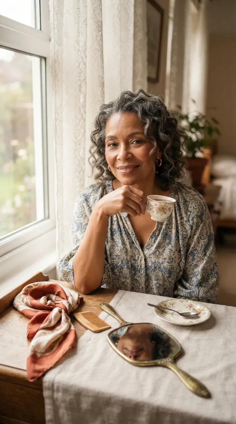 Older Black woman with loose, relaxed waves styled from a gentle braid pattern
