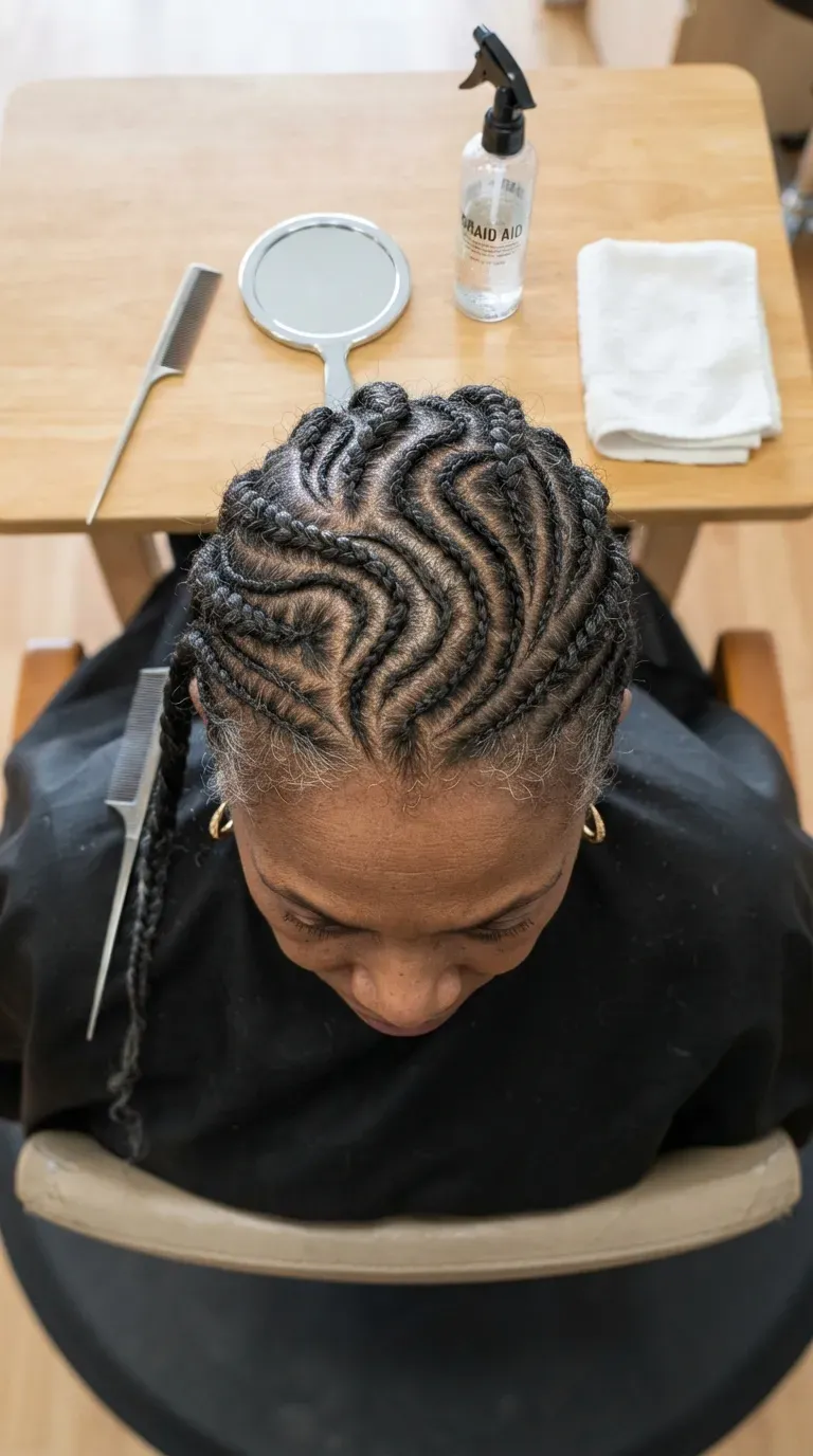 Older Black woman with a decorative low-tension cornrow design