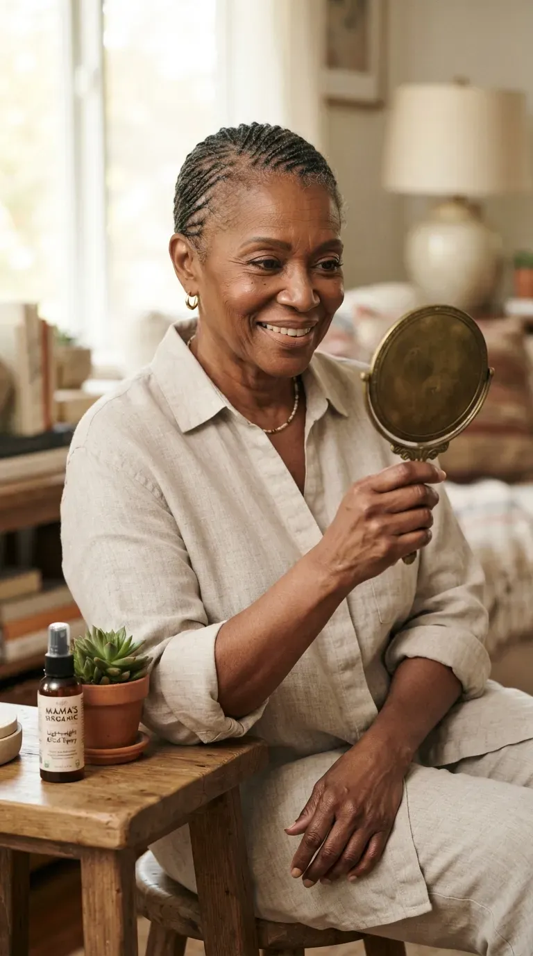 Older Black woman with a short braided pixie style