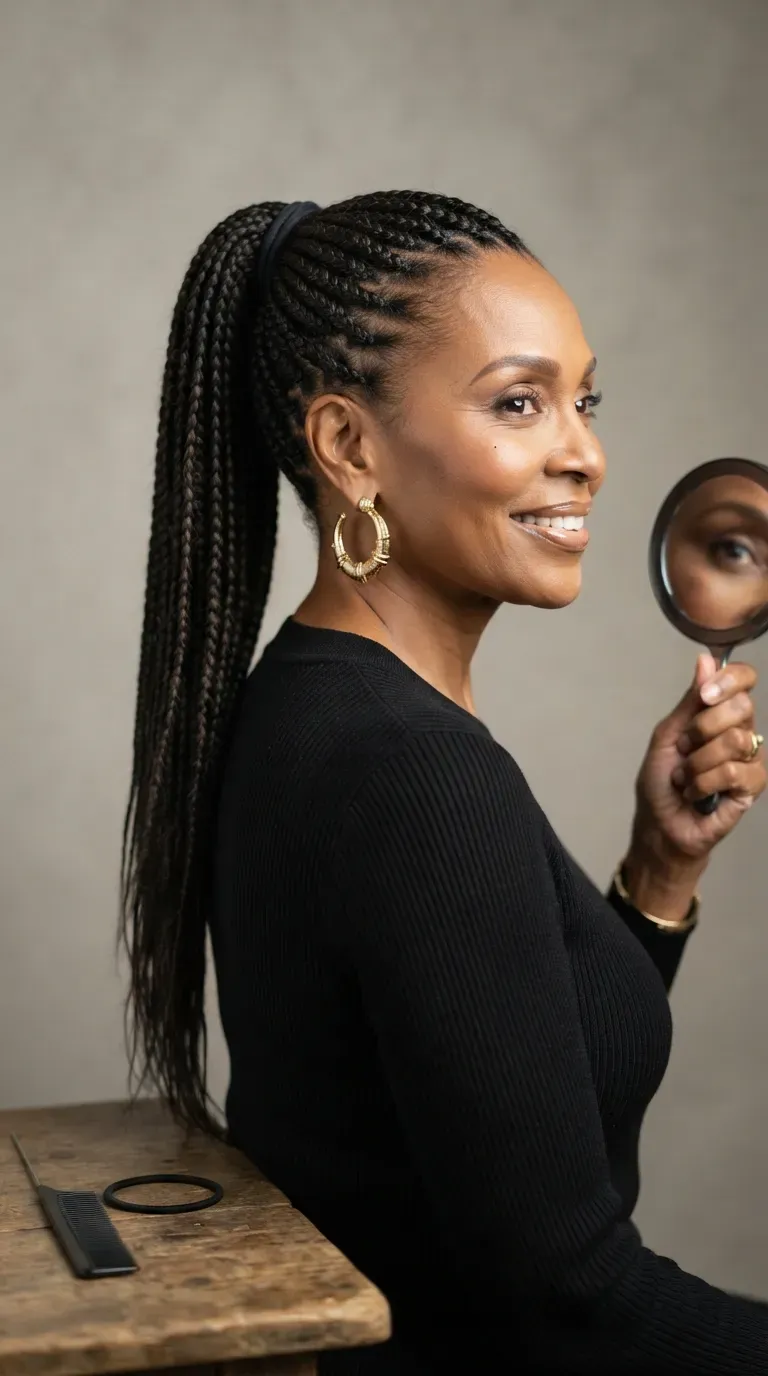 Older Black woman with braids gathered into a sleek ponytail