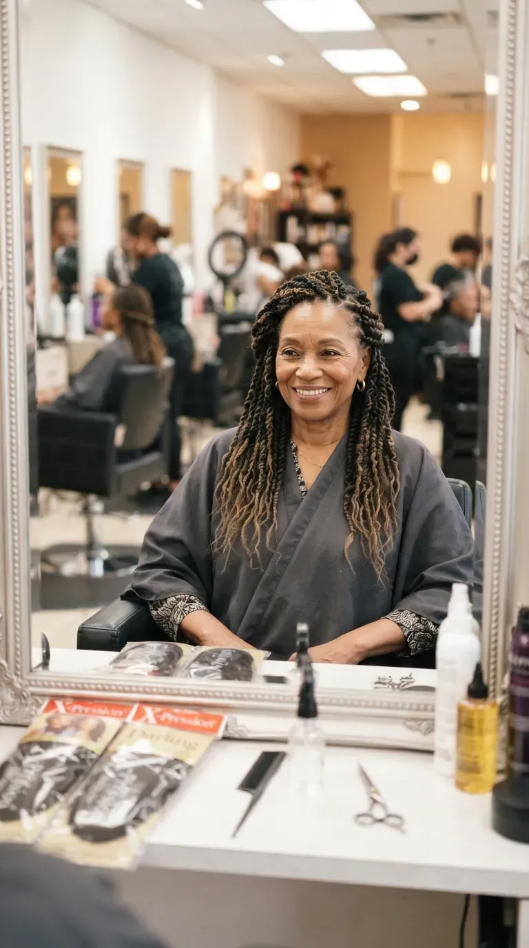 Older Black woman with a combination of Senegalese twists and braids