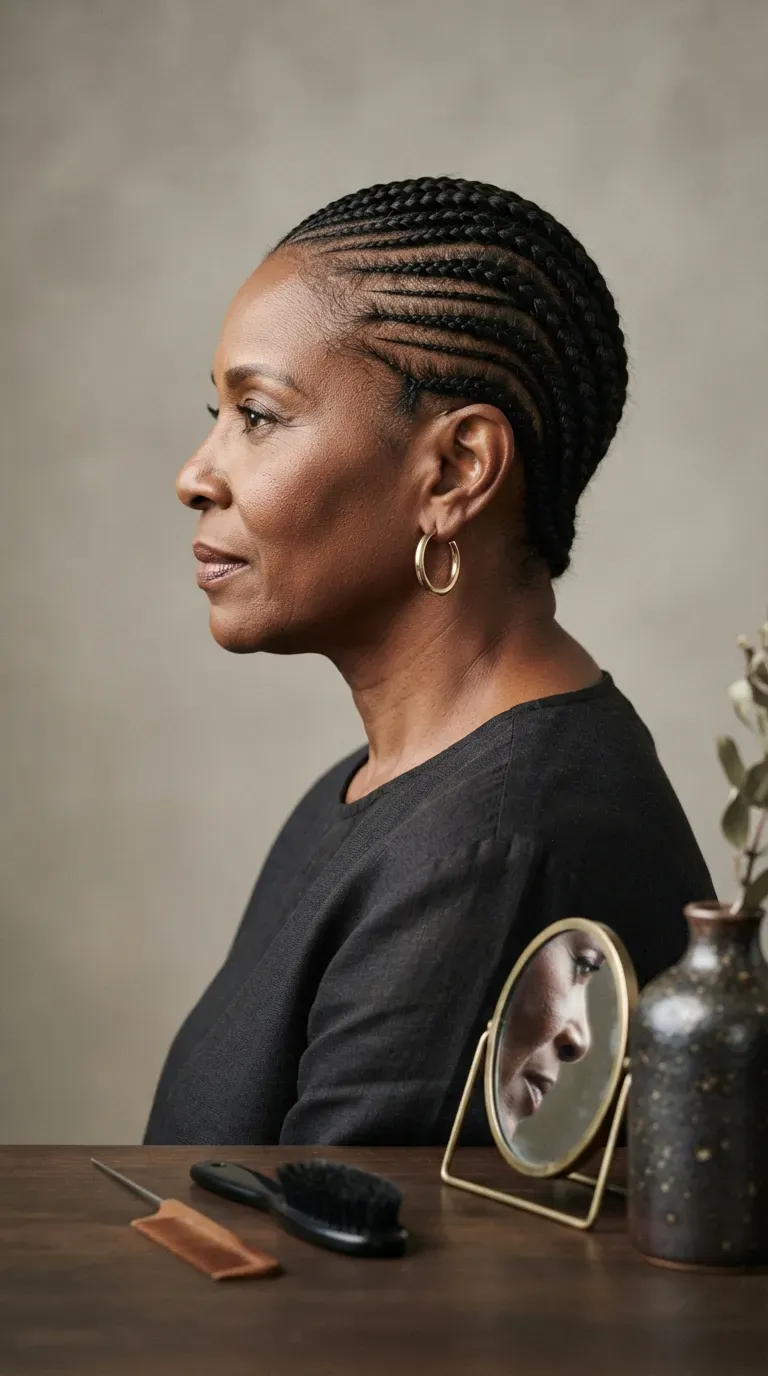 Older Black woman with side-swept cornrows framing one side of the face