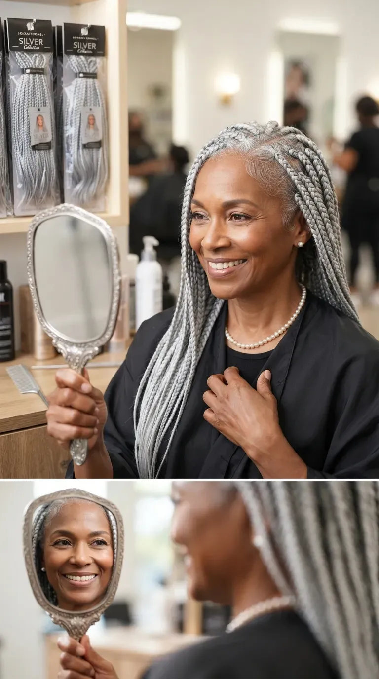 Older Black woman with braids blending natural silver hair with matching braiding hair