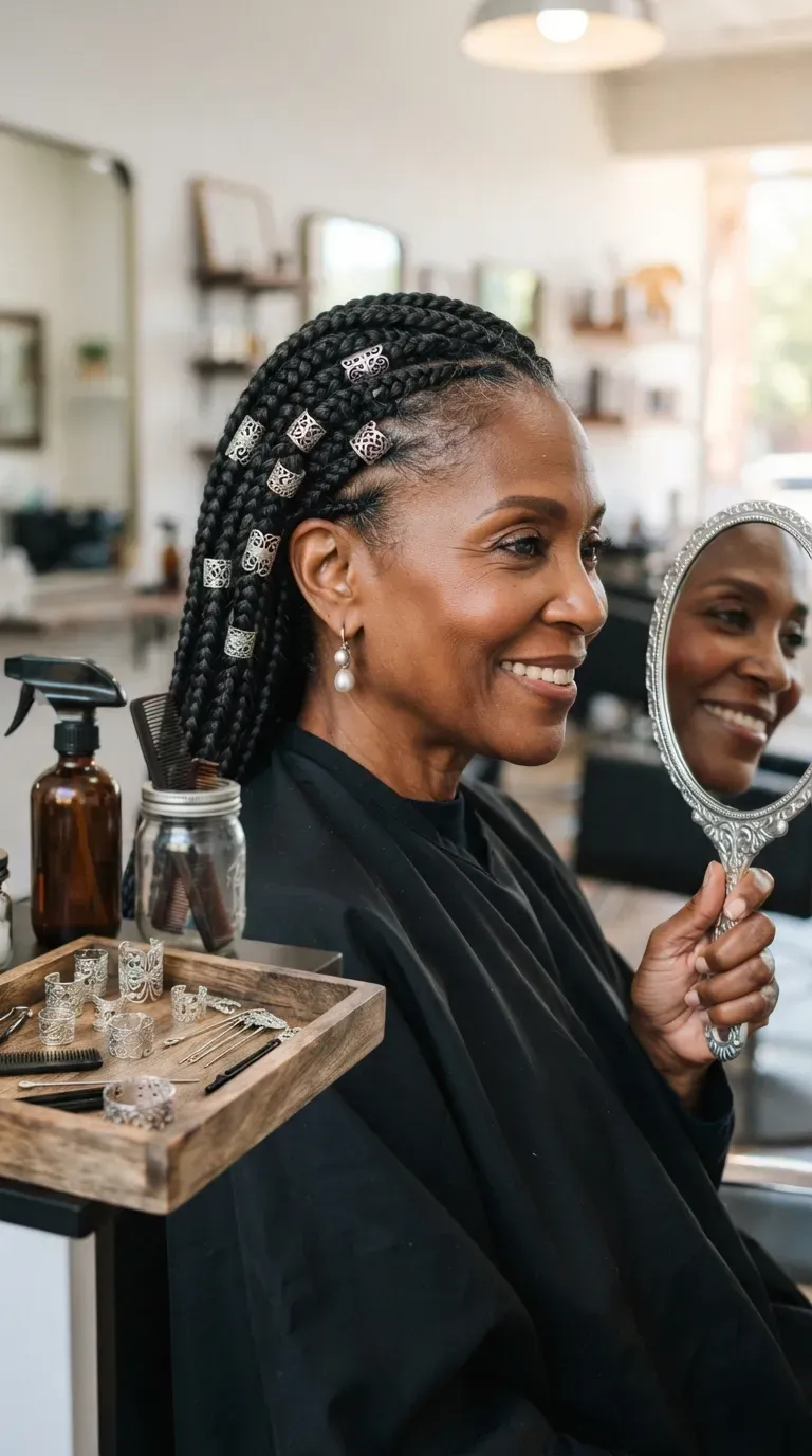 Older Black woman with braids accessorized with elegant silver hair cuffs