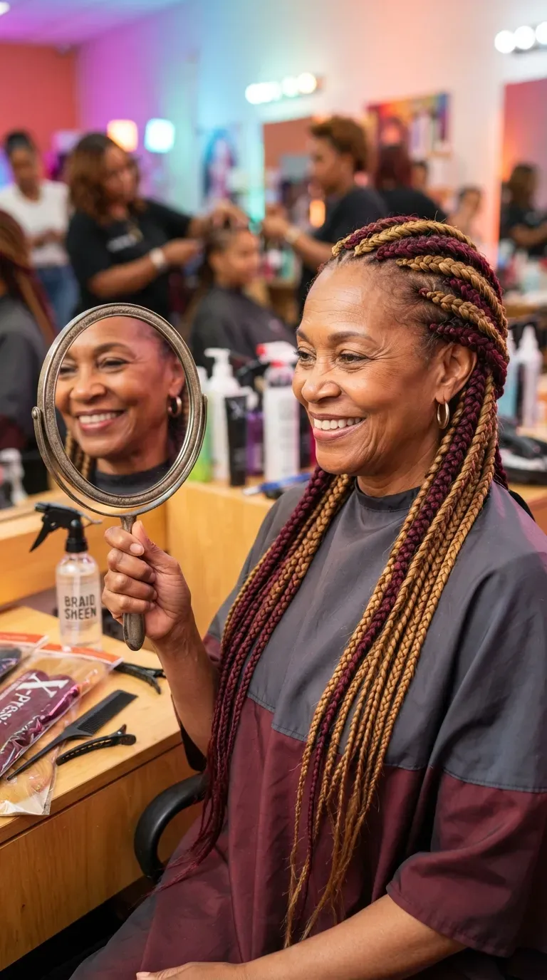 Older Black woman with a two-tone braided style mixing two colors