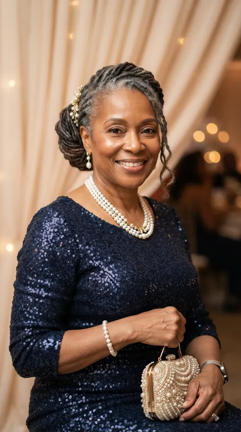 Older Black woman with braids styled into an elegant updo with a bun