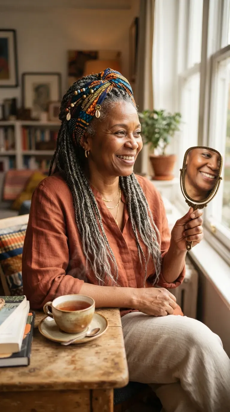 Older Black woman with braids accessorized with a fabric wrap