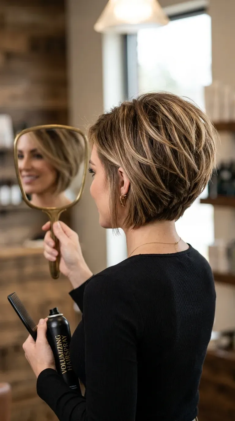 Stacked bob haircut with blended bronde balayage through back layers