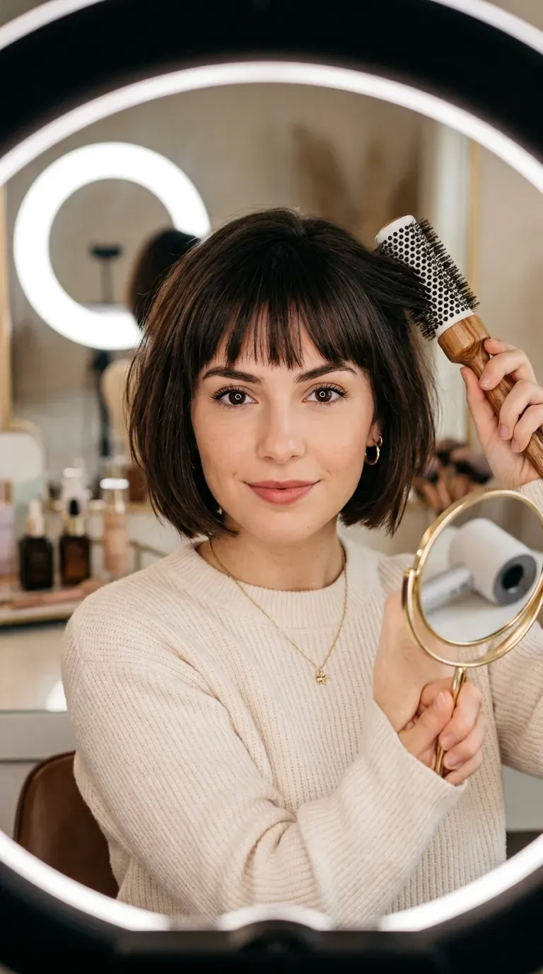 Woman with brow-skimming bangs on a classic chin-length bob